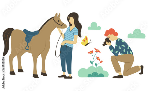 Hobby of people vector, man and woman on pastime. Lady standing with horse, person taking photos of nature, photography making, photographer flat style