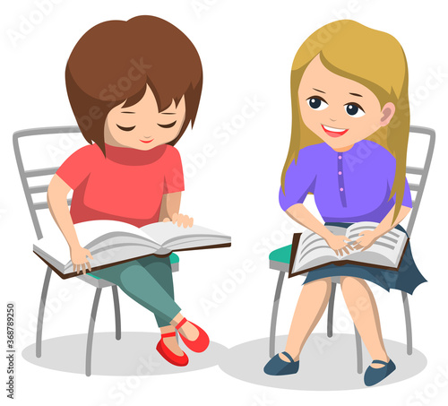 Kids reading books and preparing for lessons vector, children classmates sitting on chairs. Pupils with textbooks studying and getting knowledge. Female characters back to school concept flat cartoon