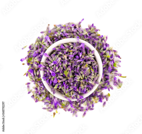 Lavender flowers, isolated on white background. Petals of lavender flowers. Medicinal herbs. Top view.