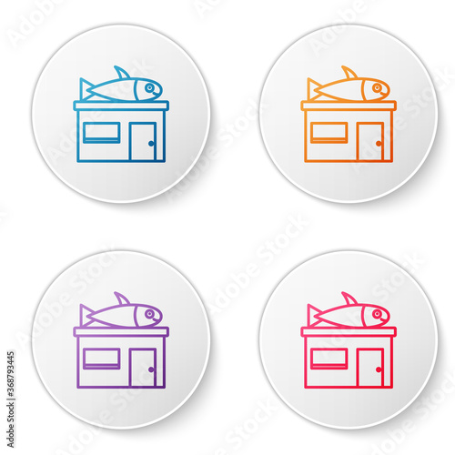 Color line Seafood store icon isolated on white background. Facade of seafood market. Set icons in circle buttons. Vector..