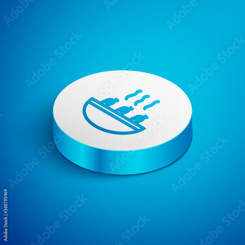 Isometric line Soup with shrimps icon isolated on blue background. Tom yum kung soup. White circle button. Vector..