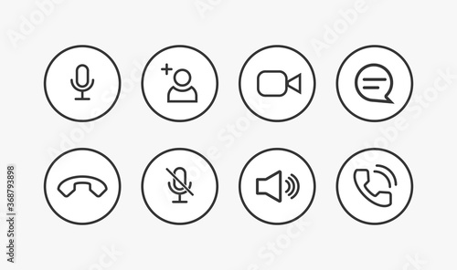 Video call chat screen ui vector buttons template for mobile phone online app. Conceptual icon set for web conference or business webinar design. User interface symbols isolated on white. V1
