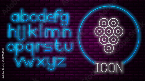 Glowing neon line Caviar icon isolated on brick wall background. Neon light alphabet. Vector..