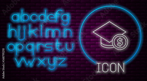 Glowing neon line Graduation cap and coin icon isolated on brick wall background. Education and money. Concept of scholarship cost or loan, tuition or study fee. Neon light alphabet. Vector..