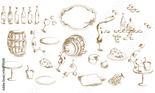 アナログ手描き水彩風のワインのベクターイラスト素材セット