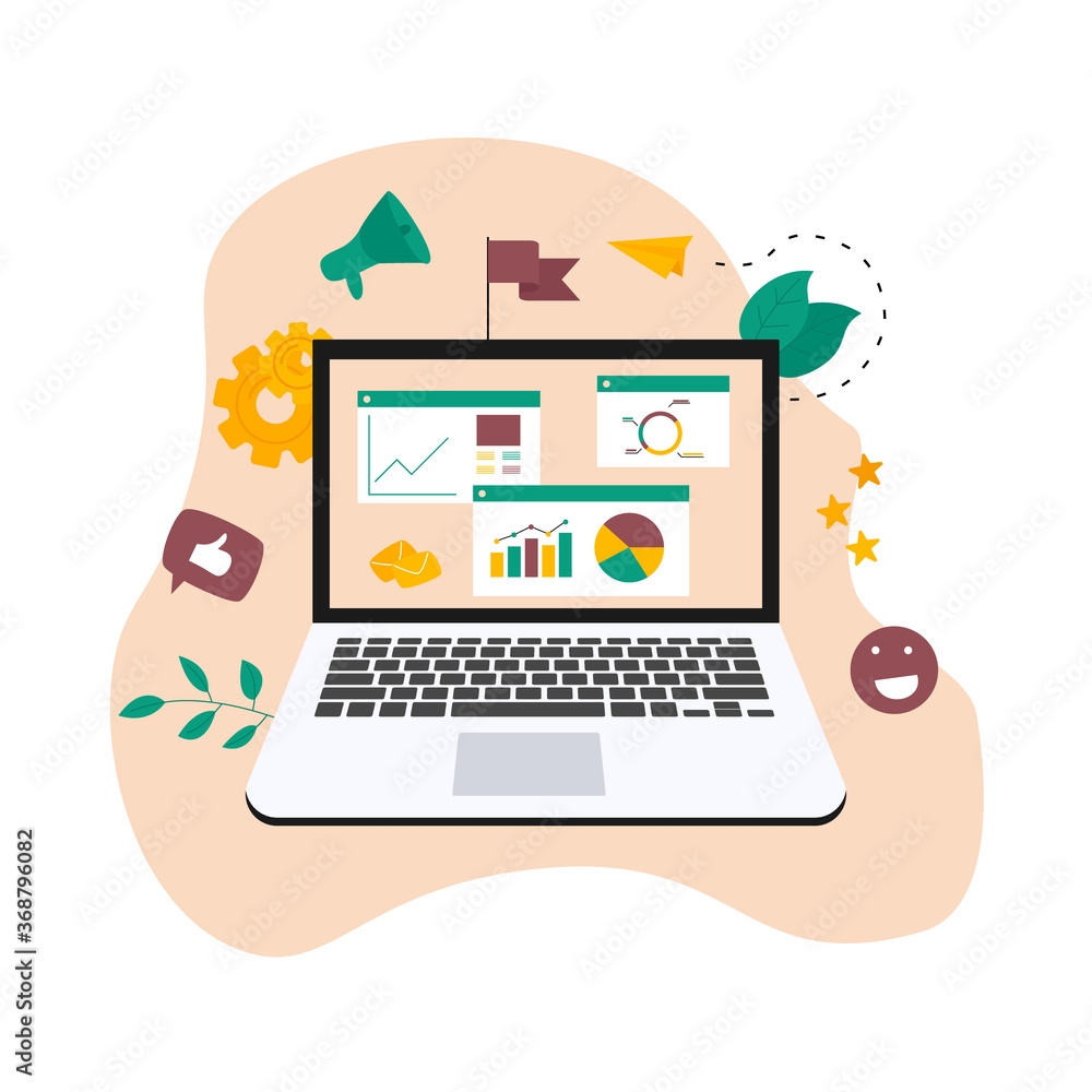 Concept of digital online marketing agency. Seo and data analysis with dashboard. Vector illustration Concept of digital online marketing agency. Seo and data analysis with dashboard. Vector illustration
