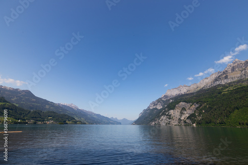 View on Walensee (Lake Walen) near Walenstadt, Switzerland.