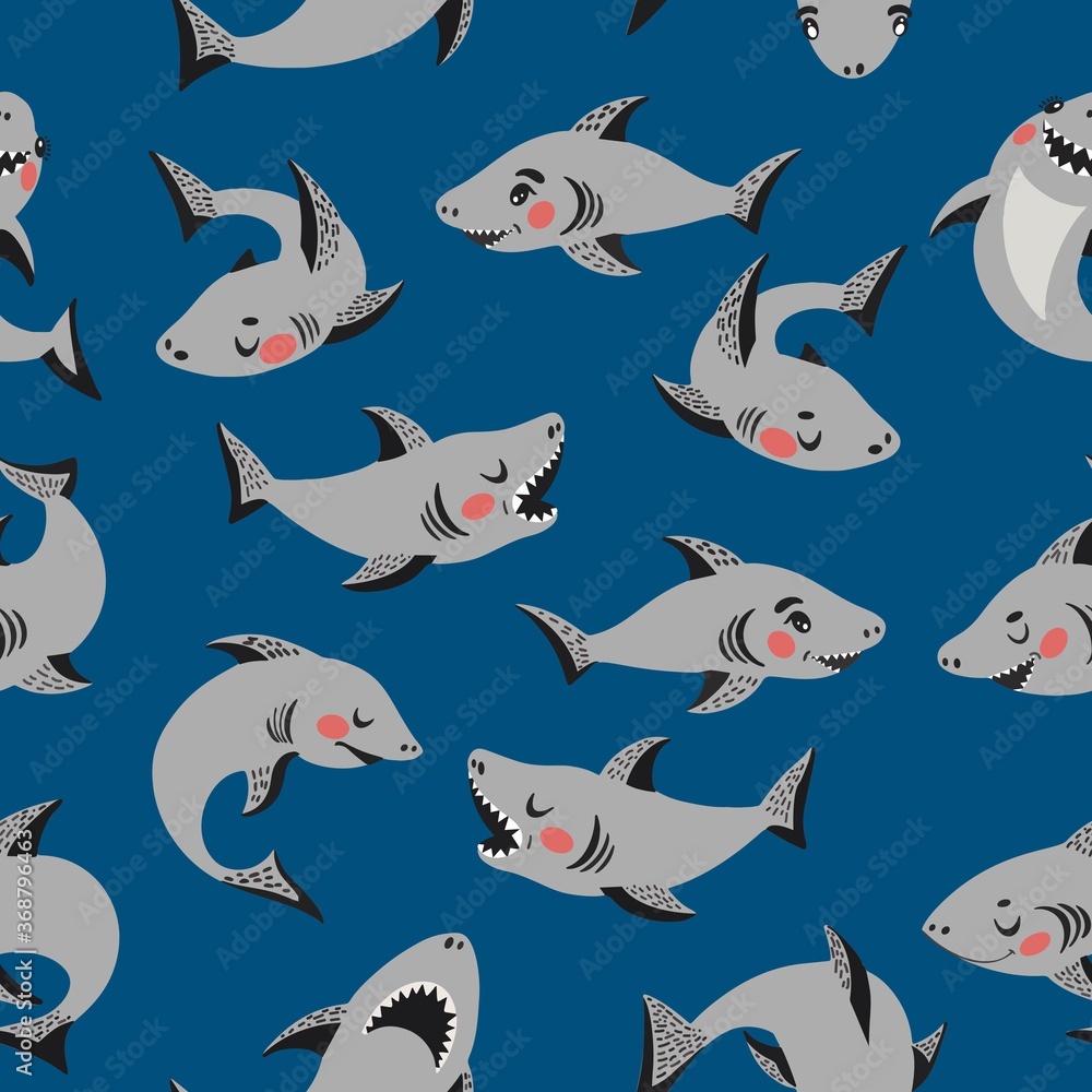 Cute cartoon style pattern with funny sharks in diferent poses. Cute cartoon style pattern with funny sharks in diferent poses.