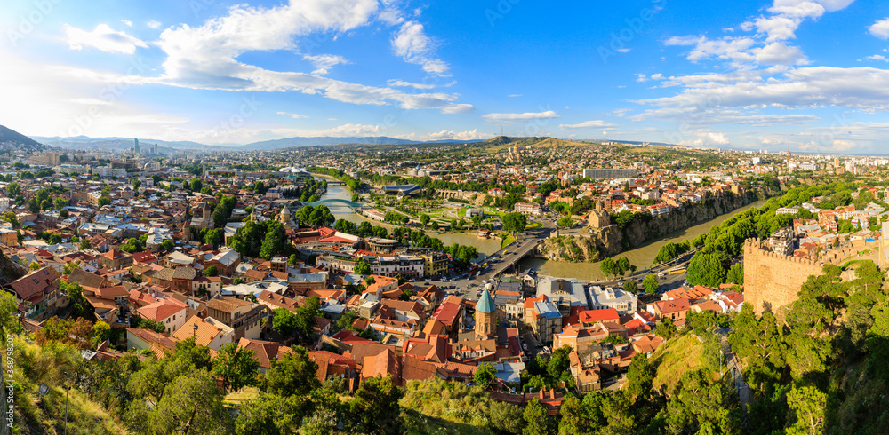 Panoramic view of Tbilisi city from the Narikala Fortress, old town and modern architecture. Tbilisi the capital of Georgia.