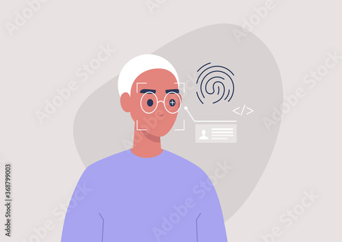 Face, eye and fingerprint scanning technologies, cyber security, biometrics, young male character passing the identity test