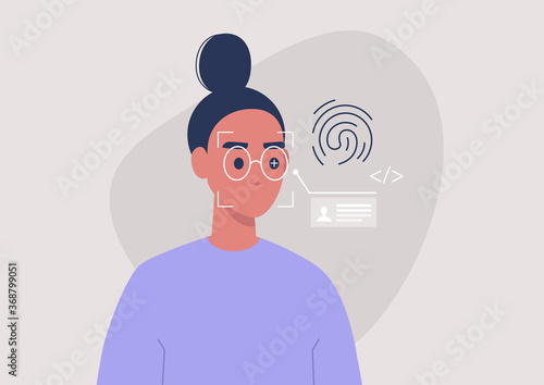 Face, eye and fingerprint scanning technologies, cyber security, biometrics, young female character passing the identity test