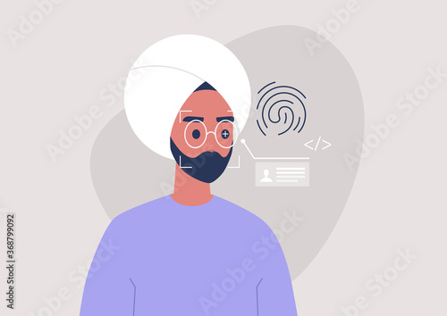 Face, eye and fingerprint scanning technologies, cyber security, biometrics, young indian male character passing the identity test