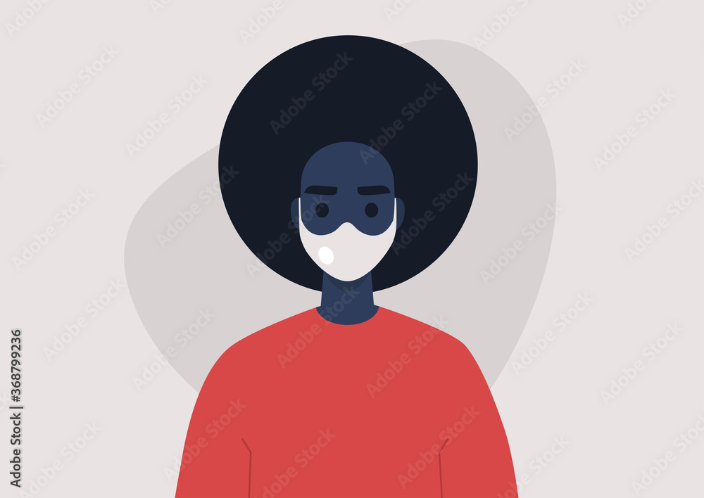 A portrait of a young black female character wearing a protective face mask with a filter, a second wave of corona virus, covid-19 A portrait of a young black female character wearing a protective face mask with a filter, a second wave of corona virus, covid-19