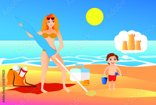 Vector illustration of a mother with her little son on a beach while she nails the umbrella and he thinks about building a sand castle