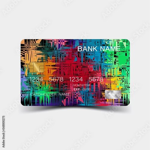 Colourful geometric credit card design. On the white background. Glossy plastic style. Vector illustration.