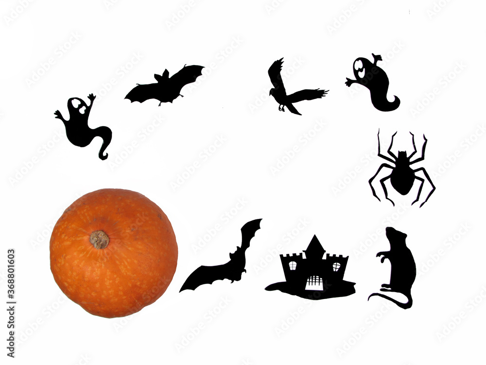 halloween silhouettes and a pumpkin against white background flat lay. Halloween concept