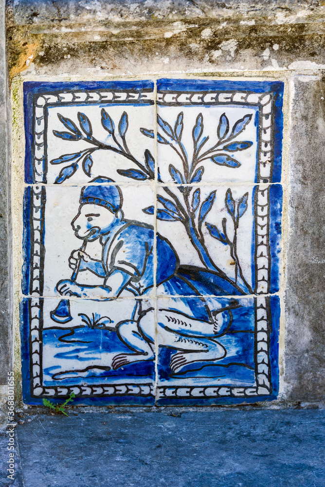 detail of azulejos on the walls of The Palace of the Marquesses of Fronteira in Lisbon, Portugal	
