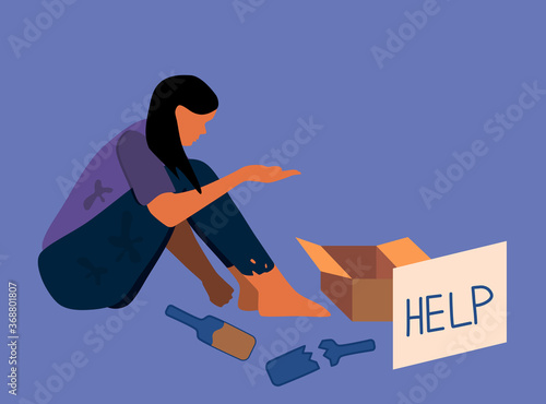 Homeless poor woman sitting on the street.Beggar in dirty torn clothes with cardboard box for alms and a piece of paper with text "help".Alcohol addiction,unwillingness to work.Social problems vector