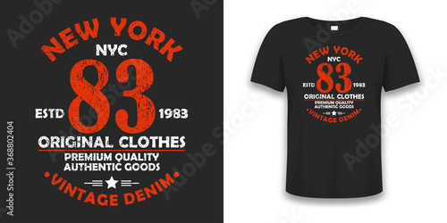 New York typography graphics for t-shirt. Vintage design for tee shirt with grunge. Authentic apparel print on t shirt mockup. Vector.