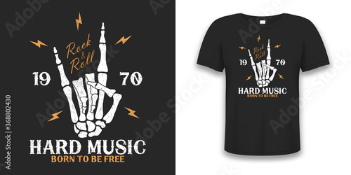 Rock music print with skeleton hand and lightning. Vintage rock-n-roll tee shirt with grunge. Design for vintage apparel on t-shirt mockup. Vector illustration.