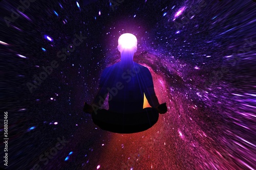 Meditating human in lotus pose. Yoga illustration.Silhouette man aura glow in Milky way galaxy.