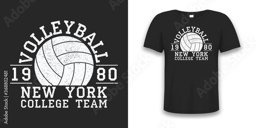Volleyball New York grunge print for apparel with ball. Typography graphics for t-shirt. Design for athletic clothes on tee shirt mockup. Vector illustration.