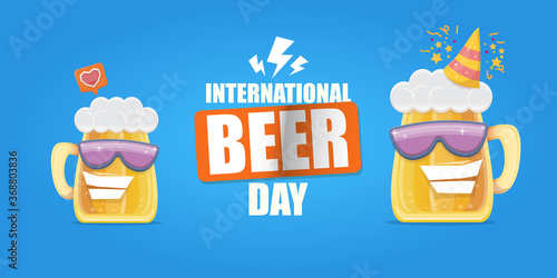 Happy international beer day horizonatal banner with cartoon funny beer glass friends characters with sunglasses isolated on blue background. International beer day cartoon comic poster