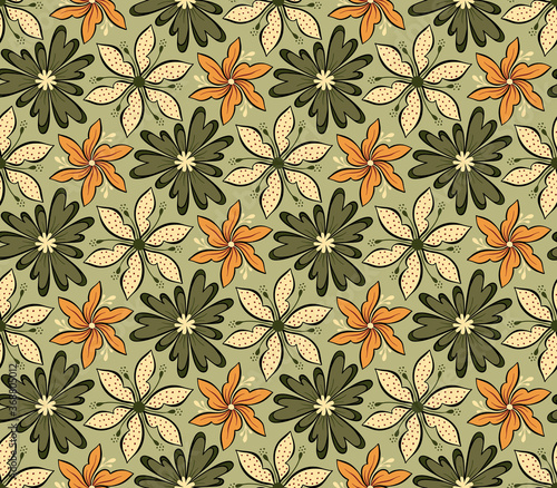 Geometric floral seamless vector pattern, Flowers and leaves botanical garden background texture.