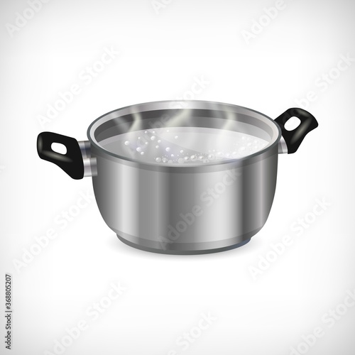 Stainless pot, boiling liquid and transparent steam isolated on white background. Vector illustration.
