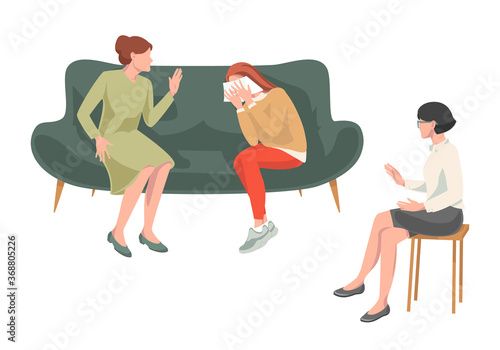 Family psychology and psychotherapy collection.Woman and her daughter teenage girl sitting on sofa and talking to psychotherapist or psychologist.