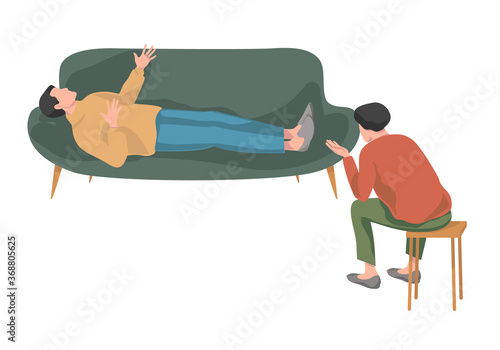 Family psychology and psychotherapy collection.Men is lying on sofa and talking to psychotherapist or psychologist.