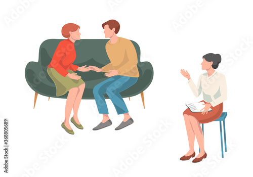Family psychology and psychotherapy collection.Men and women or married couples sitting on sofa and talking to psychotherapist or psychologist.