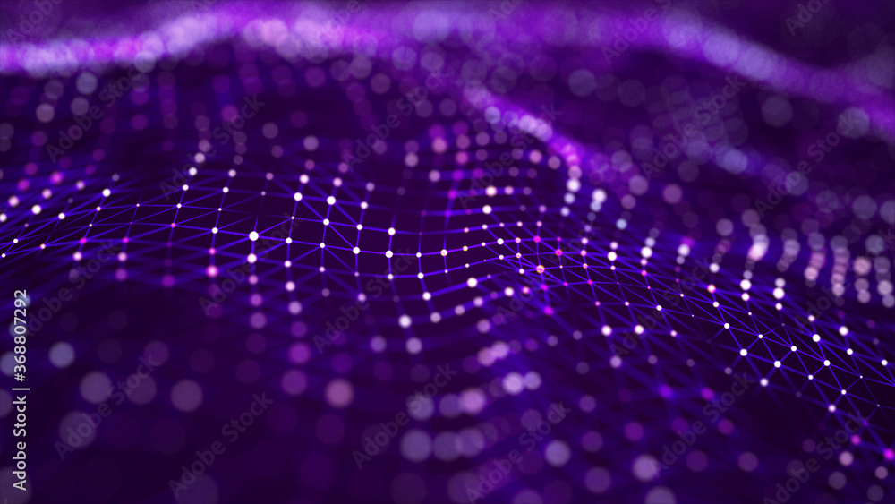 Digital dynamic wave. Abstract futuristic pink background with dots and lines. Big data visualization. 3D rendering.
