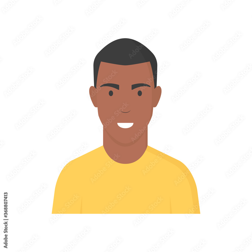 Persona afroamericana. Hombre afroamericano. Raza, cultura, nación, país. Personaje con cabello corto, piel oscura. Ilustración vectorial aislada en fondo blanco Persona afroamericana. Hombre afroamericano. Raza, cultura, nación, país. Personaje con cabello corto, piel oscura. Ilustración vectorial aislada en fondo blanco