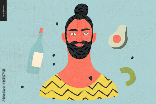 Beautiful people portrait - hand drawn flat style vector design concept illustration of a young bearded brunette man with a bun, face and shoulders avatar with texture. Flat style vector icon