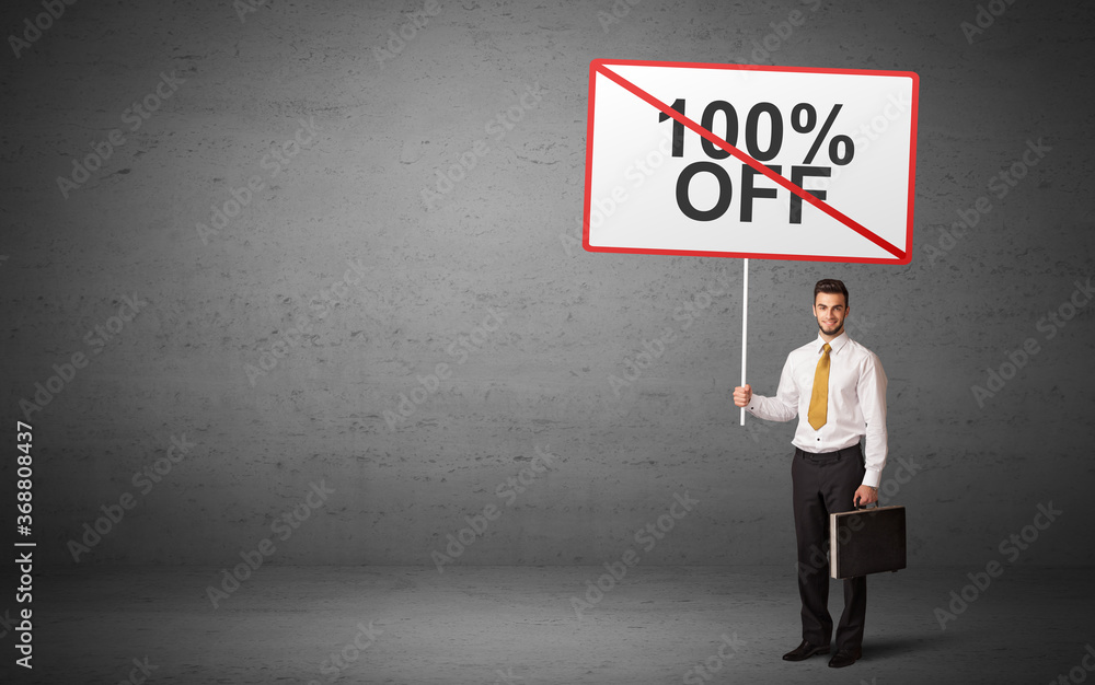 business person holding a traffic sign with 100% OFF inscription, new idea concept business person holding a traffic sign with 100% OFF inscription, new idea concept