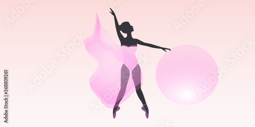 Dancer with a ball - abstract pink background - vector. The banner is horizontal. Business card. Fitness
