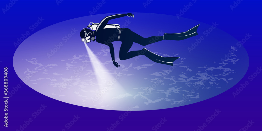 Diver with a flashlight - abstract gradient background - vector. The banner is horizontal. Business card. Underwater sport
