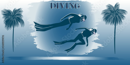 Divers - abstract gradient, grunge style, palms, - vector. Travel Poster. Water sport