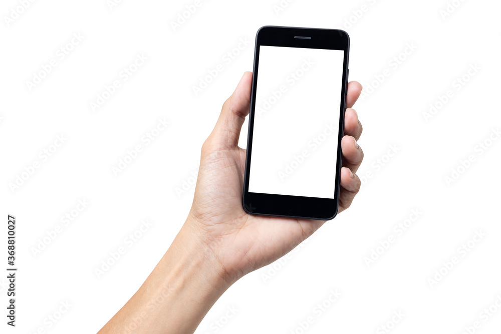 Hand man holding mock up mobile smartphone with blank screen isolated on white background with clipping path Hand man holding mock up mobile smartphone with blank screen isolated on white background with clipping path