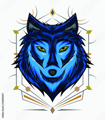 wolf face design. Wolf mascot logo. Frontal symmetric image of wolf looking cool. head wolves illustration.