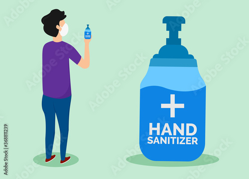 Man with face mask holding a hand sanitizer for virus, flu, coronavirus, Vector