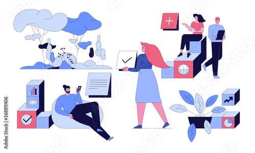 Project task management and effective time planning tools. Board with work tasks on stickers, to-do list, status. Man with pencil, women add tasks. Vector character illustration of goals achievement 
