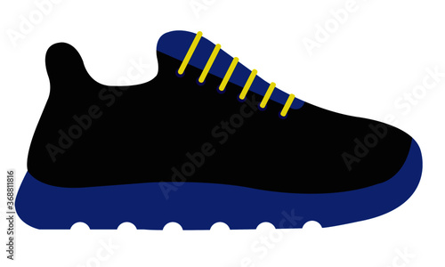 Blue and black trainer with yellow laces