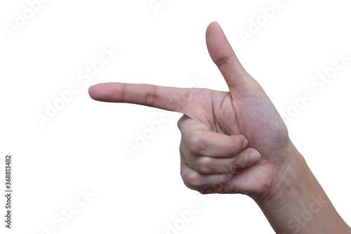 Woman's hand pointing to something isolated on white background. Hand language concept. Communication concept.