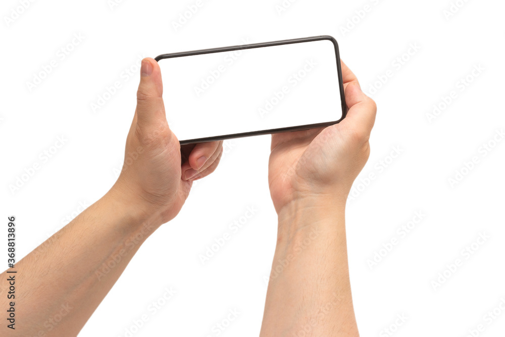 Smart phone in man hand isolated on white background. White screen. Smart phone in man hand isolated on white background. White screen.