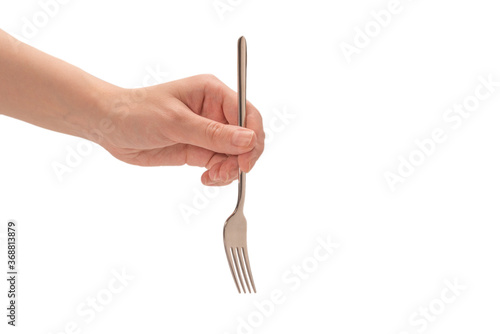 Fork in woman hand isolated on white.