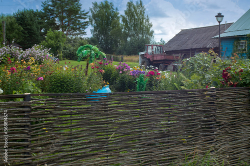 Russian rural landscape in summer, village houses on river bank in greenery photo