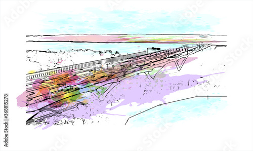 Building view with landmark of Alexandria, Virginia, is a city on the Potomac River, just south of Washington, DC. Watercolor splash with hand drawn sketch illustration in vector.