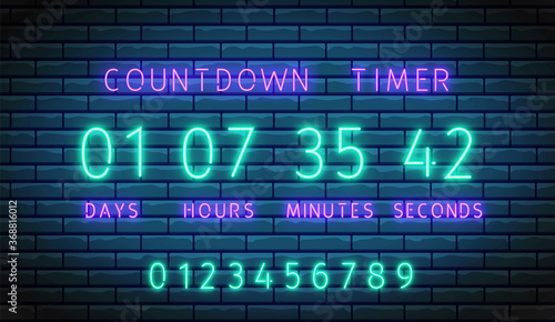 Countdown timer. Neon clock counter. Vector. Shiny digital count down. Illuminated days, hours, minutes and seconds on display. Glowing scoreboard on brick wall. Time remaining board. Led illustration